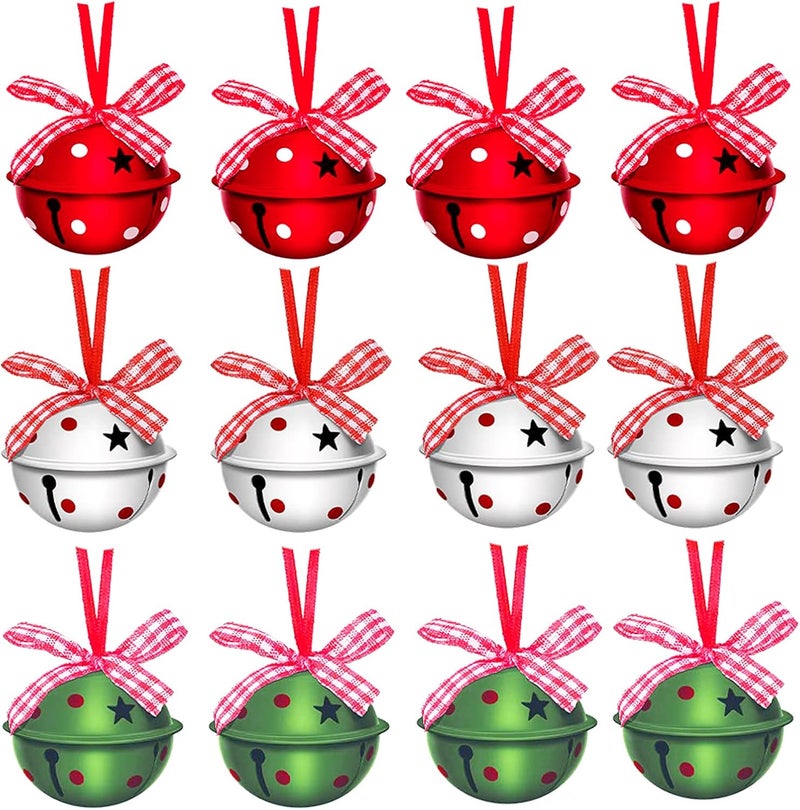 MACLARONX Christmas Jingle Bells 2" Star Cutouts Metal Decorative Bells with Ribbons for Xmas Tree Ornaments Wreath Festival Crafts Home Decorations (12 Pcs) - Image 1